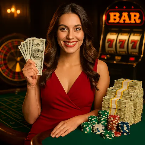 Beautiful woman with money in casino atmosphere
